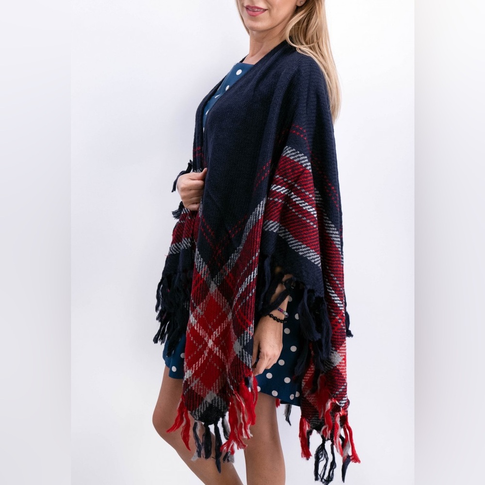 Elegant Red & Blue Plaid Ruan Poncho Fringe Shawl Wrap Winter Cozy